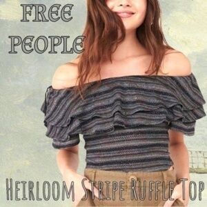 FREE PEOPLE Heirloom Layered-Ruffle-Neck Striped Fitted Off/On Shoulder Top/Md